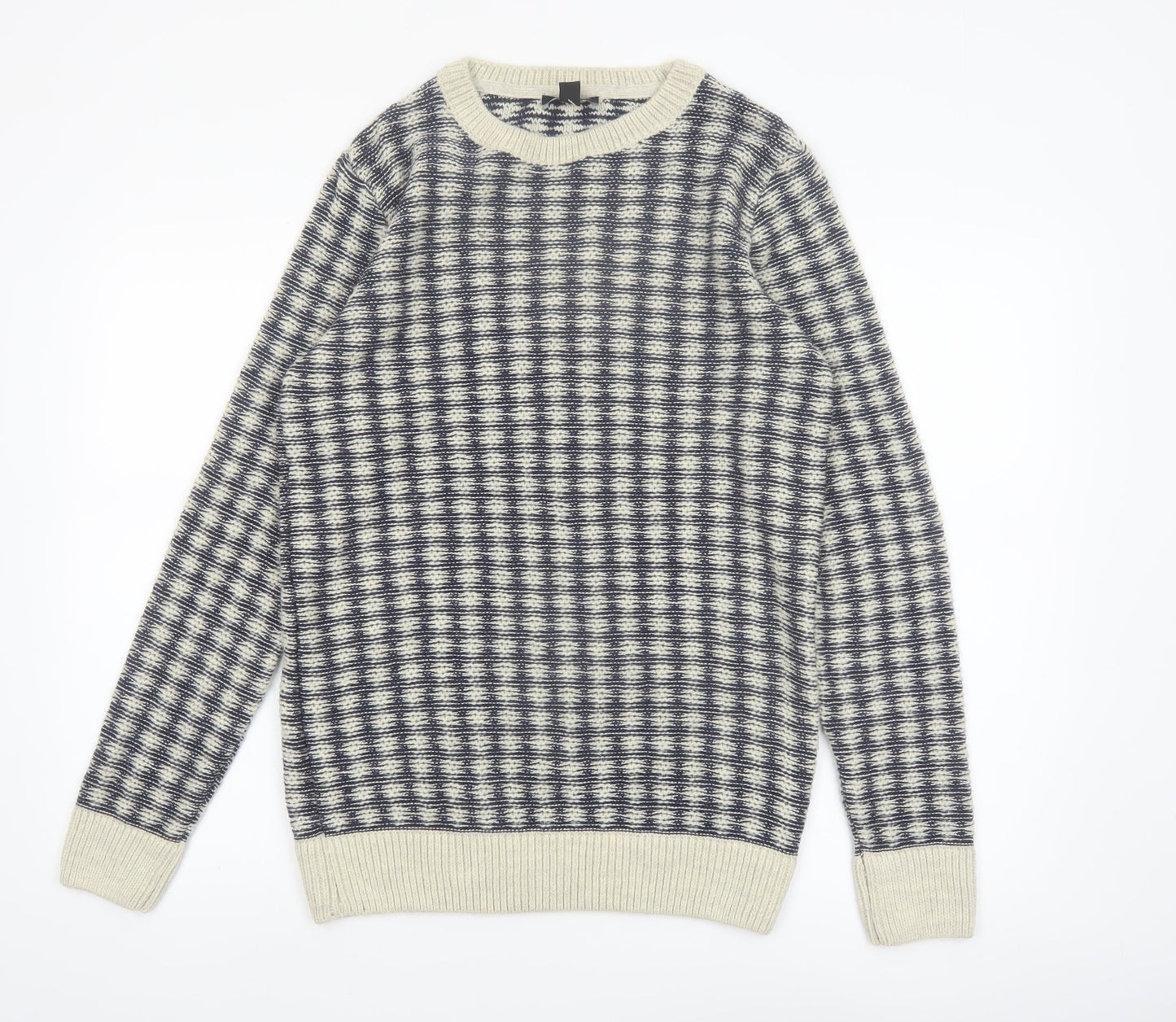 New Look Men Blue Check Knit Crew Neck Jumper Size M