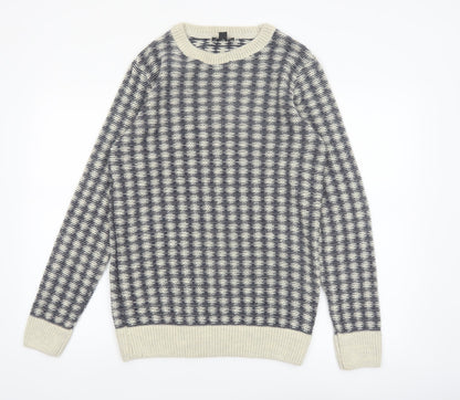 New Look Men Blue Check Knit Crew Neck Jumper Size M