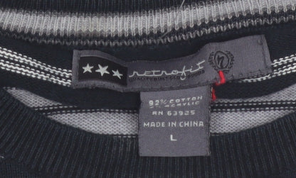 Retrofit Men's Black Striped Cotton Pullover Jumper Size L