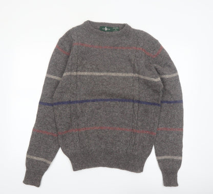 Hunt Club Men's Grey Wool Striped Crew Neck Jumper XL Vintage Pullover