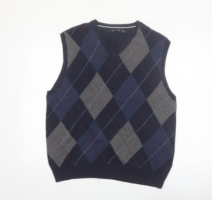 Nautica Men Blue Argyle Sleeveless Cotton Knit Vest L Classic V-Neck Jumper