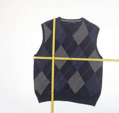 Nautica Men Blue Argyle Sleeveless Cotton Knit Vest L Classic V-Neck Jumper