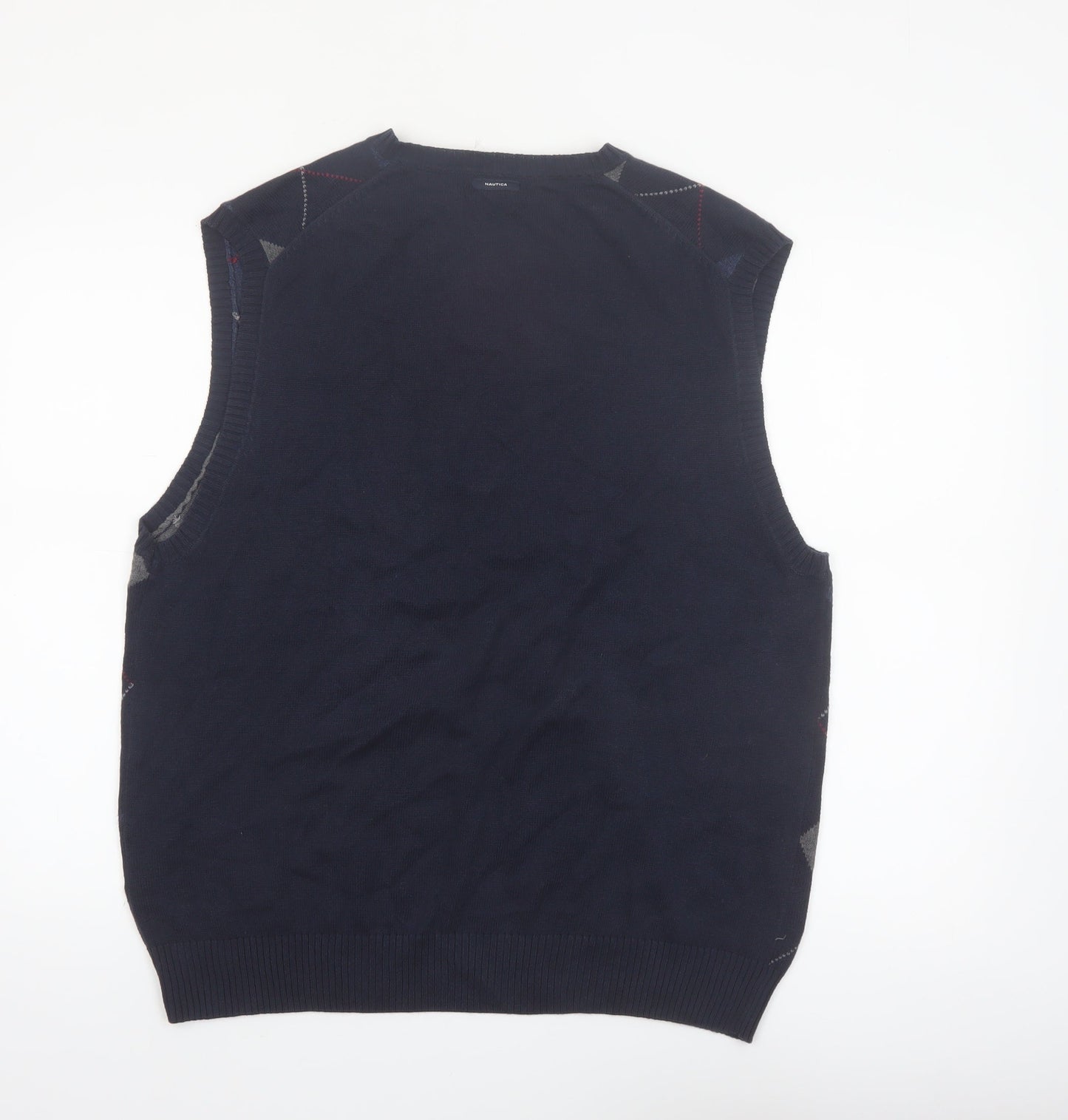 Nautica Men Blue Argyle Sleeveless Cotton Knit Vest L Classic V-Neck Jumper