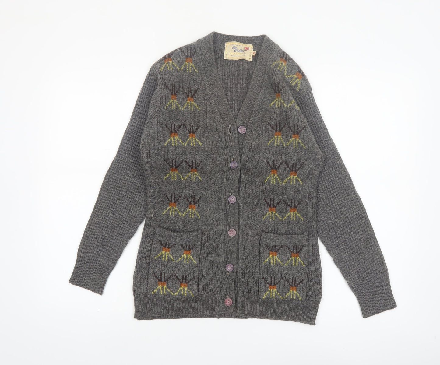 Golden Horse Women's Grey Wool Cardigan M V-Neck Geometric Vintage