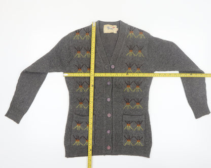 Golden Horse Women's Grey Wool Cardigan M V-Neck Geometric Vintage