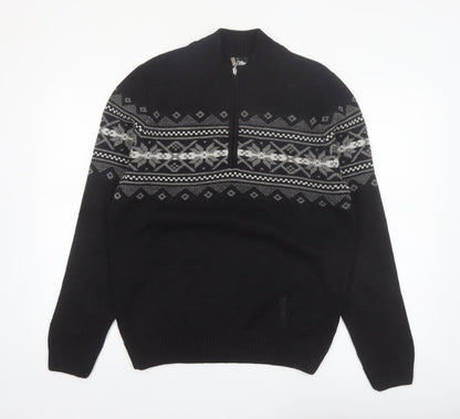 Cellini Men's Black Fair Isle Wool Blend 1/2 Zip Jumper M