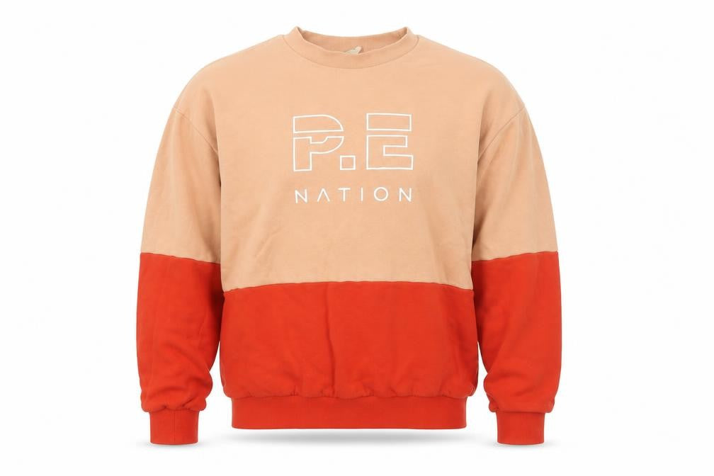Front view of P.E Nation unisex beige red colour block cotton sweatshirt s