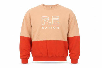 Front view of P.E Nation unisex beige red colour block cotton sweatshirt s