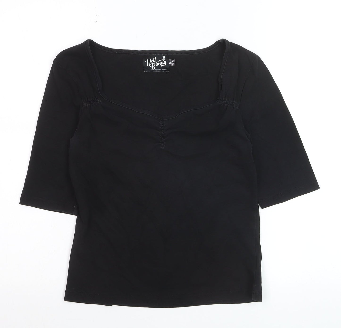Hell Bunny Womens Black 3/4 Sleeve Cotton Elastane Basic Blouse UK 12