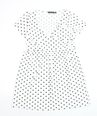 Boohoo Women’s White Polka Dot Wrap Dress Size 12 Short Sleeve