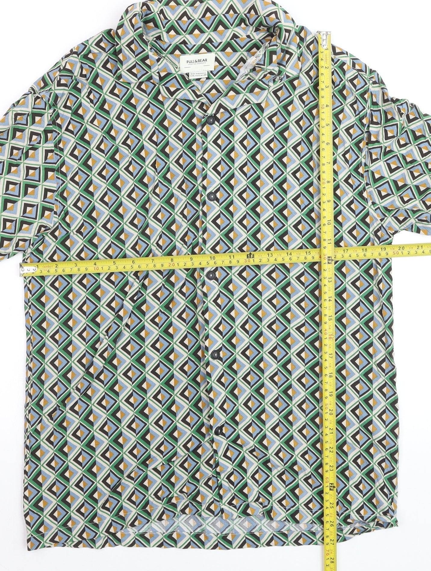 Pull & Bear Men's Multicoloured Geometric Short Sleeve Button-Up Shirt Size L