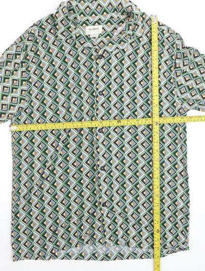 Pull & Bear Men's Multicoloured Geometric Short Sleeve Button-Up Shirt Size L