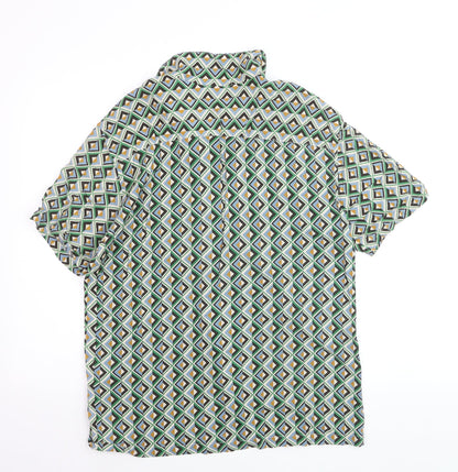Pull & Bear Men's Multicoloured Geometric Short Sleeve Button-Up Shirt Size L