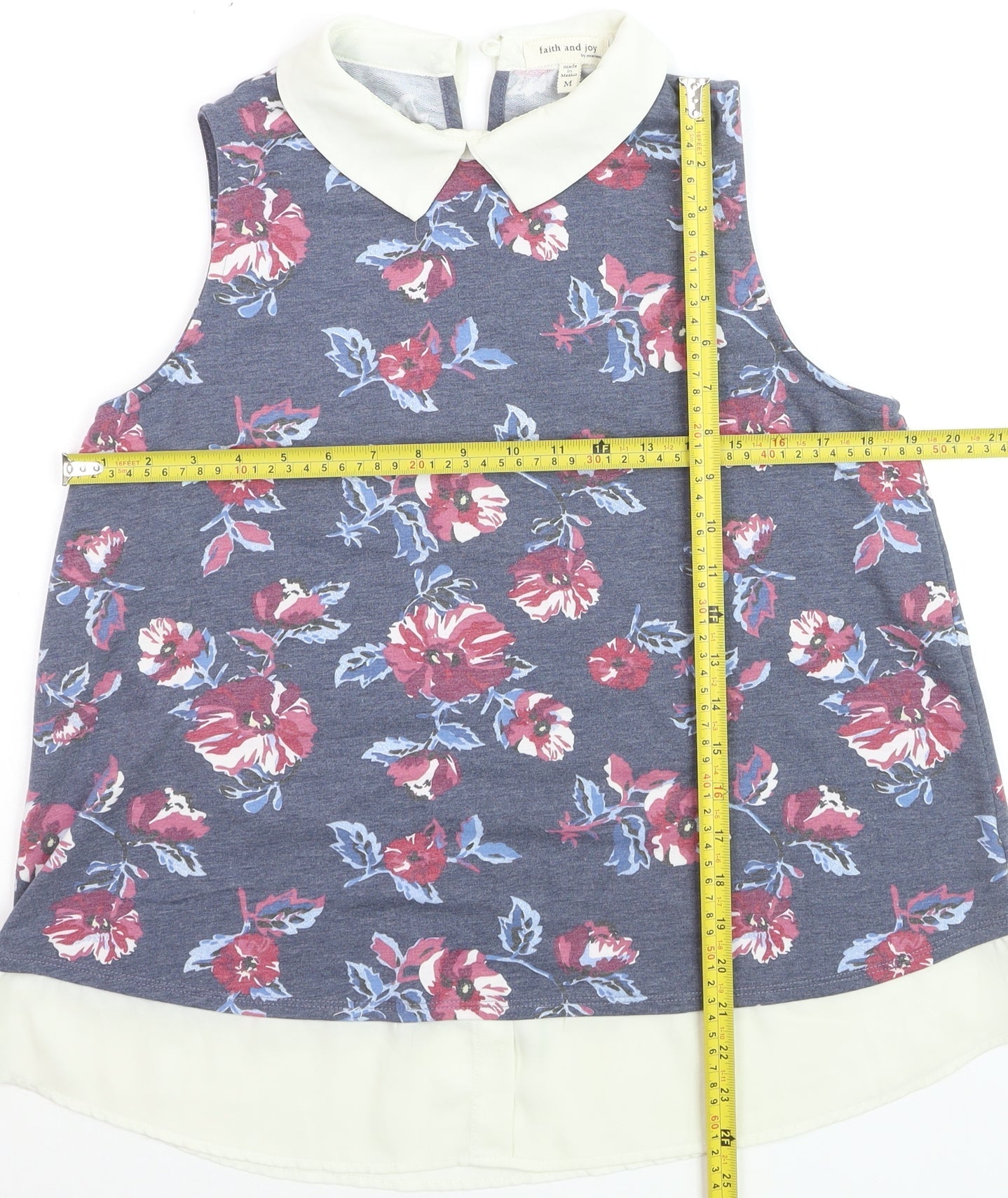 Faith and Joy Women’s Blue Floral Collared Sleeveless Blouse M
