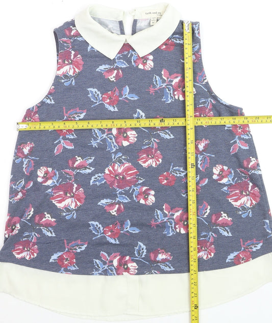 Faith and Joy Women’s Blue Floral Collared Sleeveless Blouse M