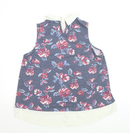 Faith and Joy Women’s Blue Floral Collared Sleeveless Blouse M