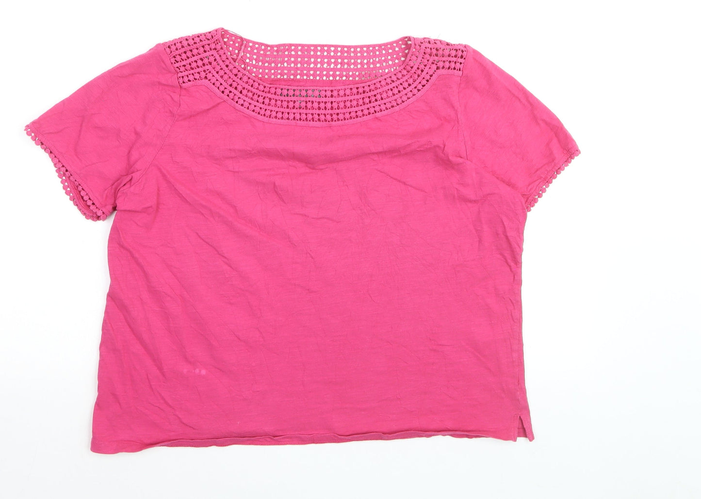 Laura Ashley Women's Pink Cotton Crochet Neck Short Sleeve Top Size 16
