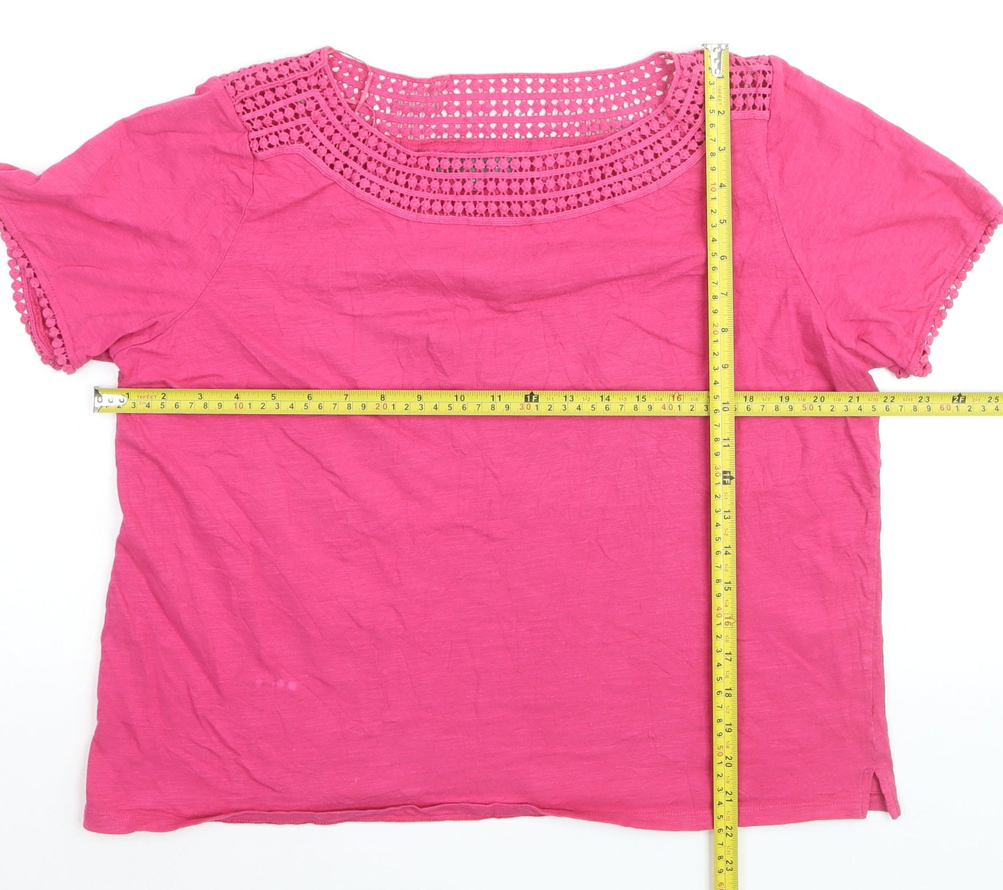 Laura Ashley Women's Pink Cotton Crochet Neck Short Sleeve Top Size 16