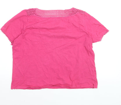 Laura Ashley Women's Pink Cotton Crochet Neck Short Sleeve Top Size 16