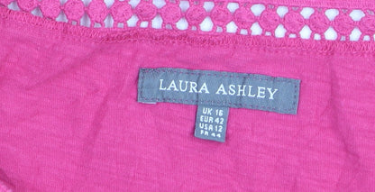 Laura Ashley Women's Pink Cotton Crochet Neck Short Sleeve Top Size 16