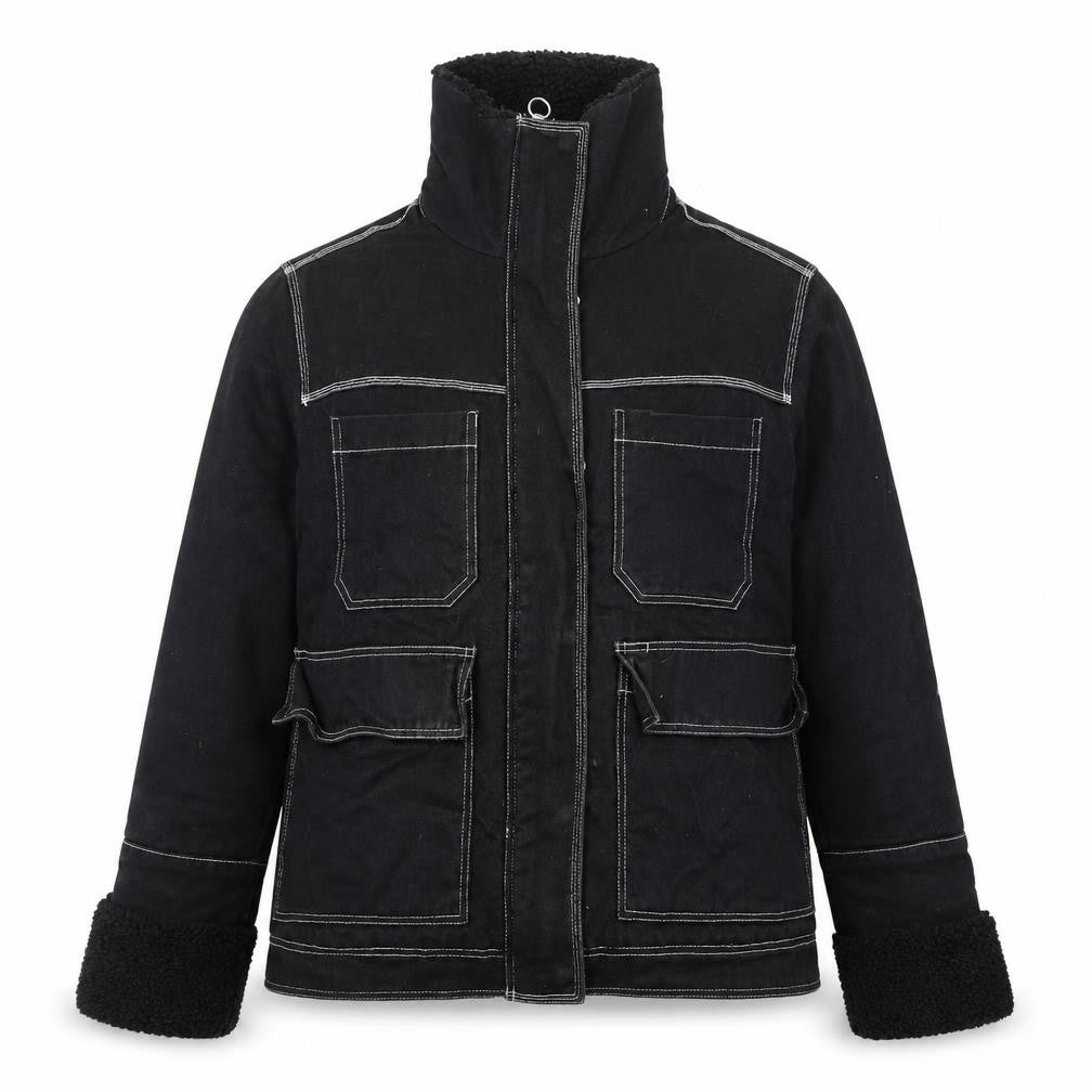 Topshop Womens Black Cotton Utility Jacket Size 14 Lined Zip Pockets