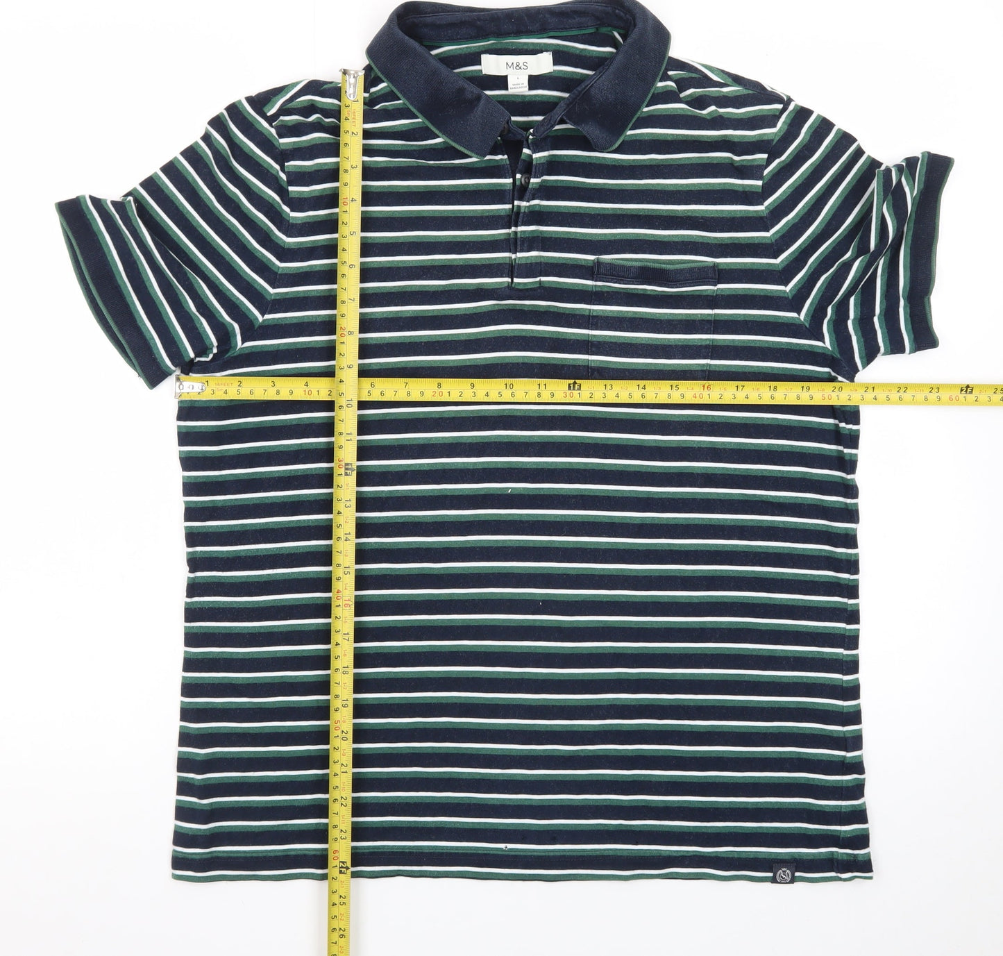 Marks and Spencer Men's Blue Striped Cotton Polo Shirt L