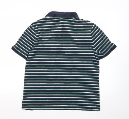 Marks and Spencer Men's Blue Striped Cotton Polo Shirt L