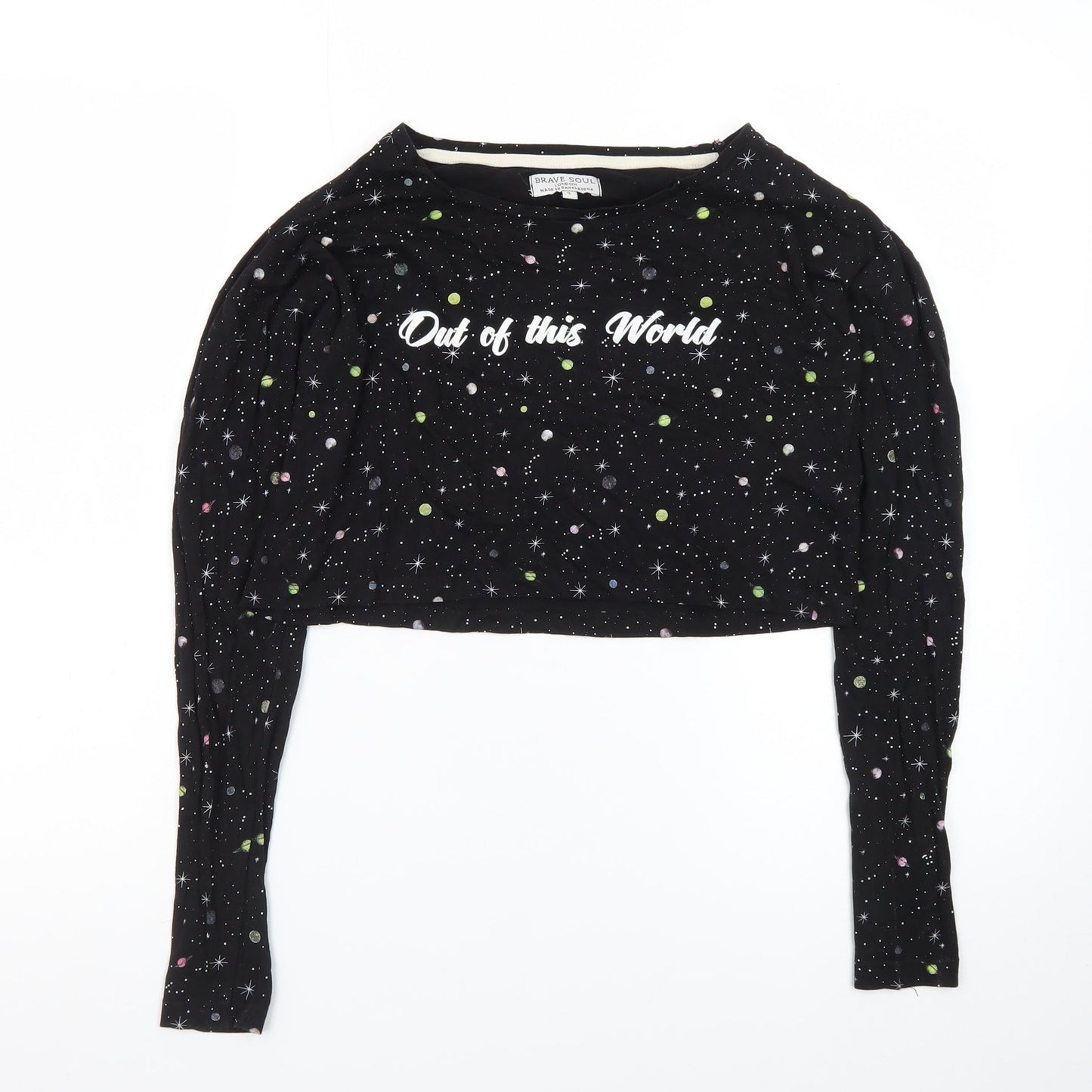 Brave Soul Women's Black Space Print Cropped Long Sleeve T-Shirt Size S