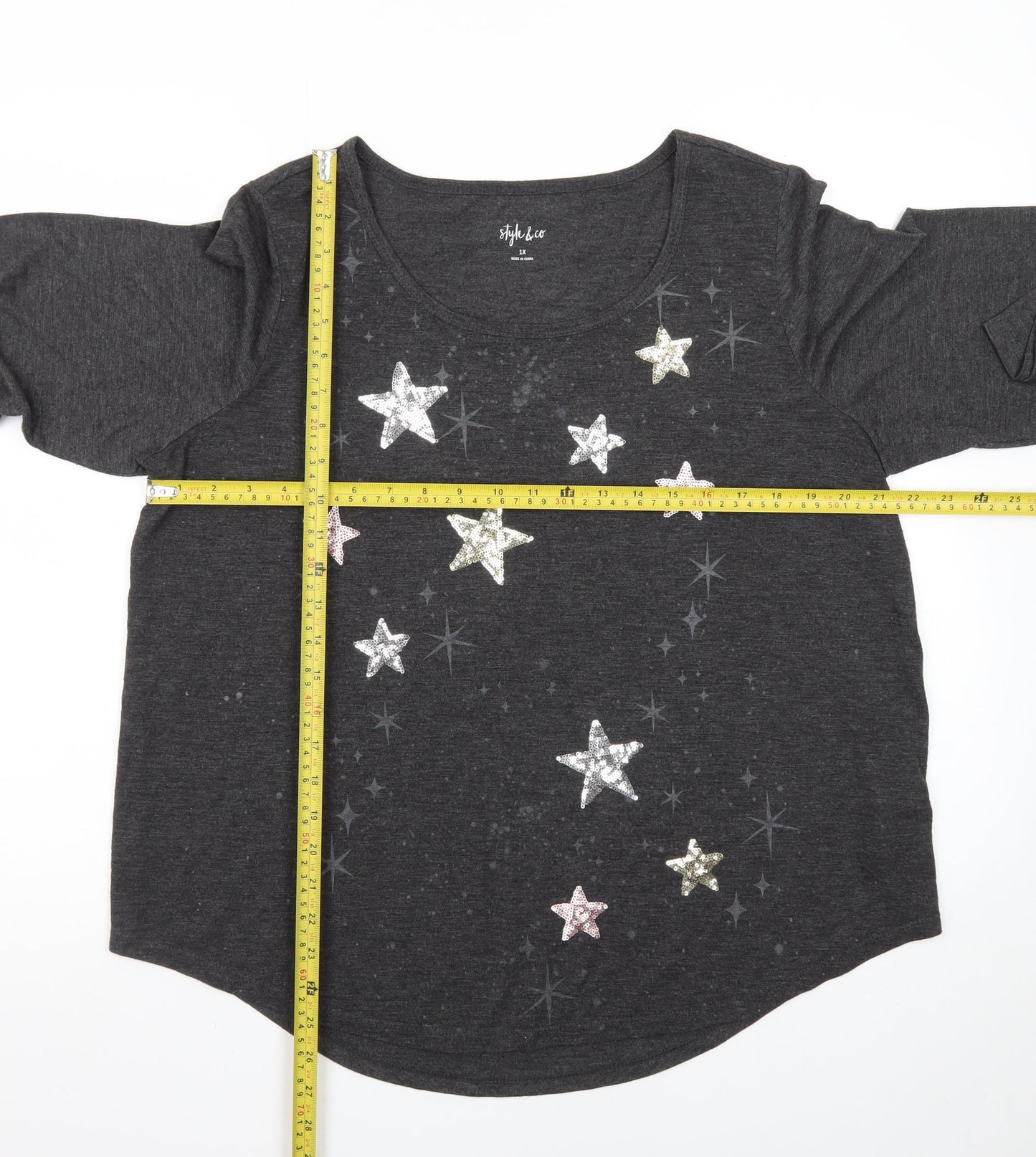Style & Co Women’s Grey Sequin Star Long Sleeve T-Shirt Size 18 Plus