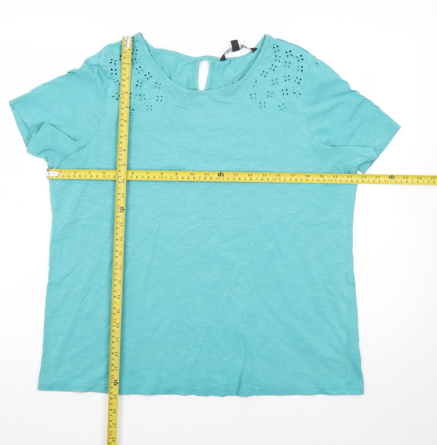 Bonmarché Women's Blue Cotton Embroidered Short Sleeve T-Shirt Size 14