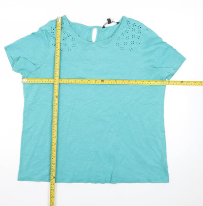 Bonmarché Women's Blue Cotton Embroidered Short Sleeve T-Shirt Size 14