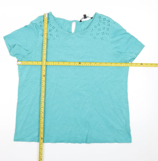 Bonmarché Women's Blue Cotton Embroidered Short Sleeve T-Shirt Size 14