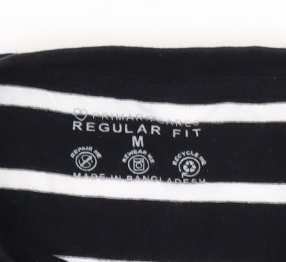 Primark Women's Black White Striped Long Sleeve Cotton Regular Fit Top M