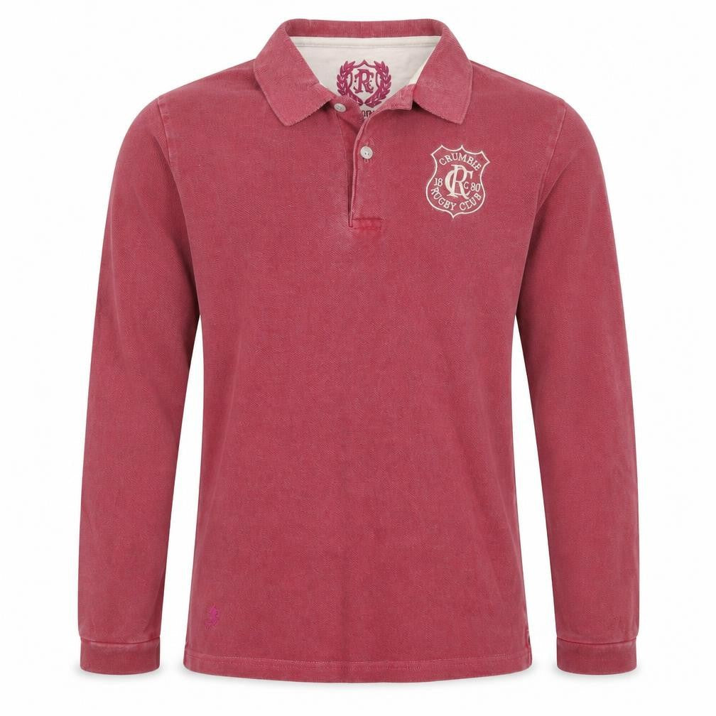 Front view of Crumbié Teens Red Rugby Club Long Sleeve Cotton Polo Shirt, size 14