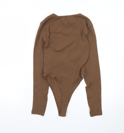 Boohoo Women Brown Long Sleeve Bodysuit UK 6 Slim Fit Cotton Jersey