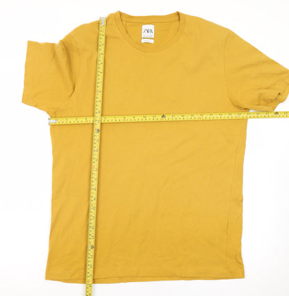 Zara Men Yellow Regular Fit Cotton Crew Neck Short Sleeve T-Shirt L