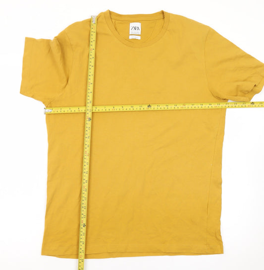 Zara Men Yellow Regular Fit Cotton Crew Neck Short Sleeve T-Shirt L