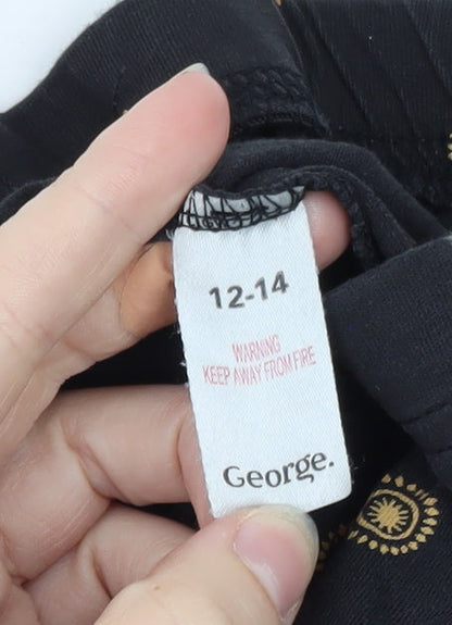 George Women’s Black Patterned Leggings Size 12-14 Elastic Waist