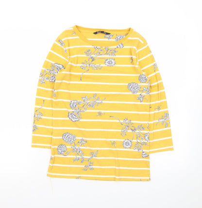 Bonmarché Womens Yellow Floral Stripe 3/4 Sleeve Boat Neck T-Shirt Size 10