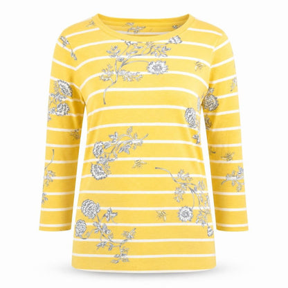 Bonmarché Womens Yellow Floral Stripe 3/4 Sleeve Boat Neck T-Shirt Size 10