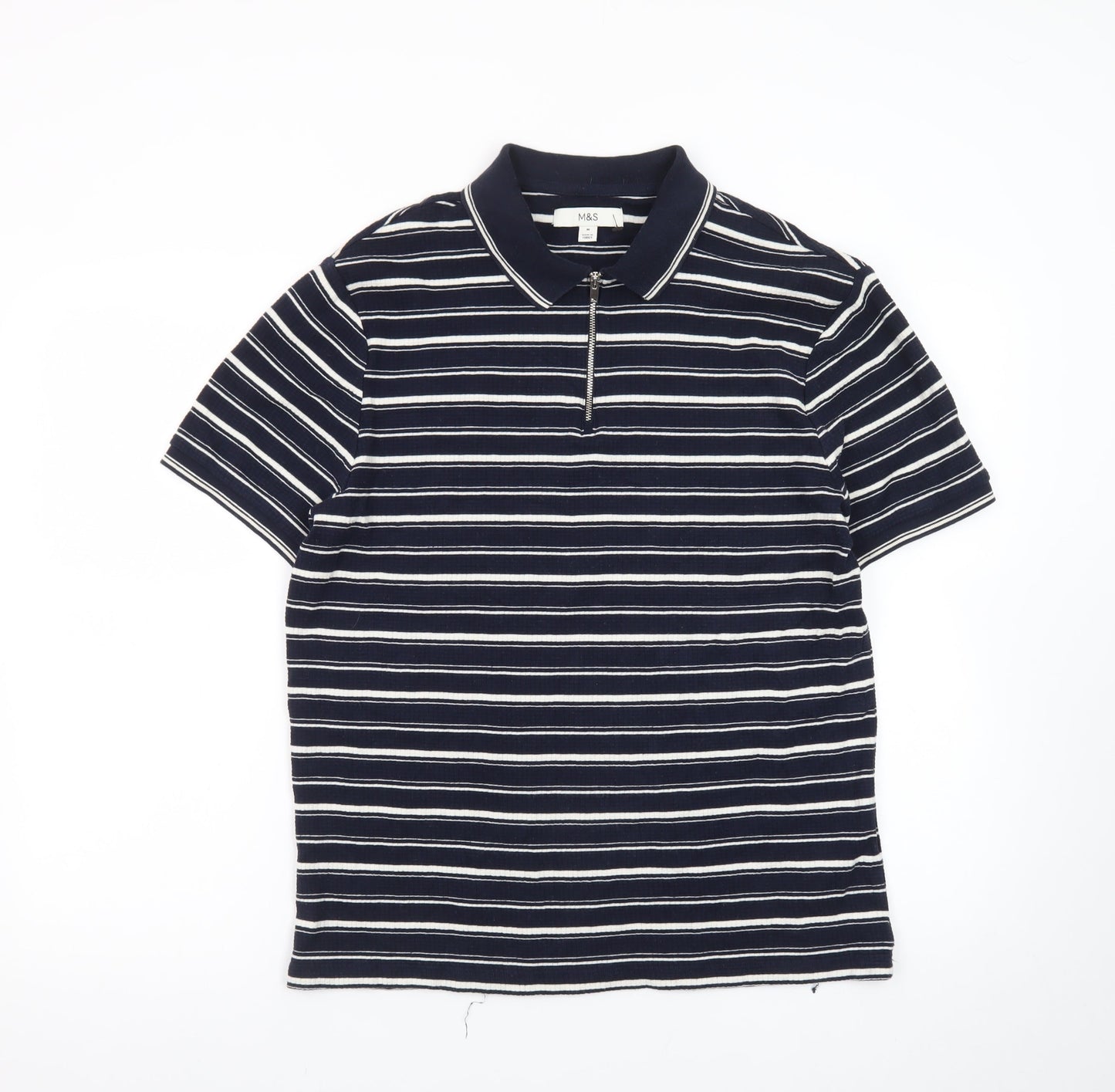 Marks and Spencer Men's Blue Striped 1/4 Zip Polo Shirt M