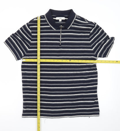 Marks and Spencer Men's Blue Striped 1/4 Zip Polo Shirt M