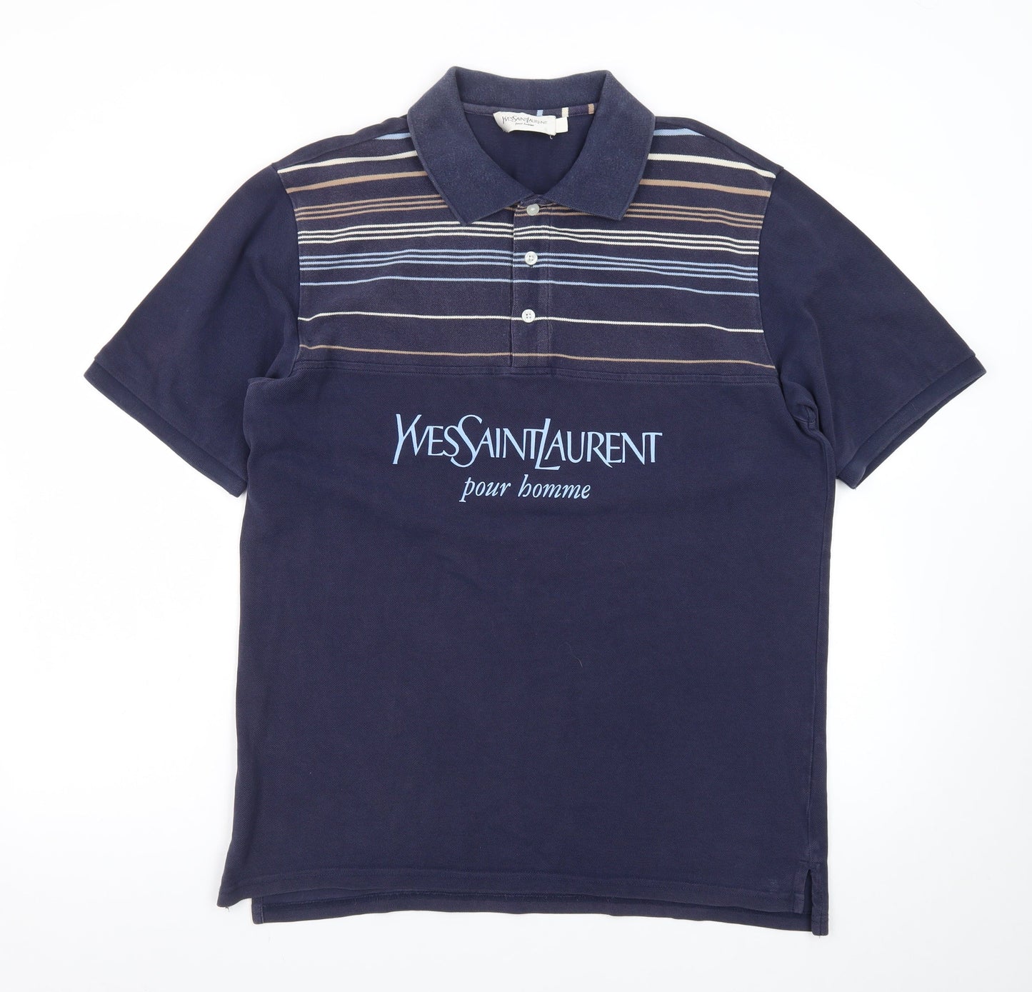 Yves Saint Laurent Pour Homme Blue Striped Cotton Polo Shirt Men's L