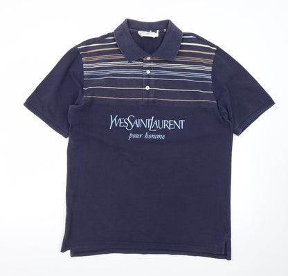 Yves Saint Laurent Pour Homme Blue Striped Cotton Polo Shirt Men's L