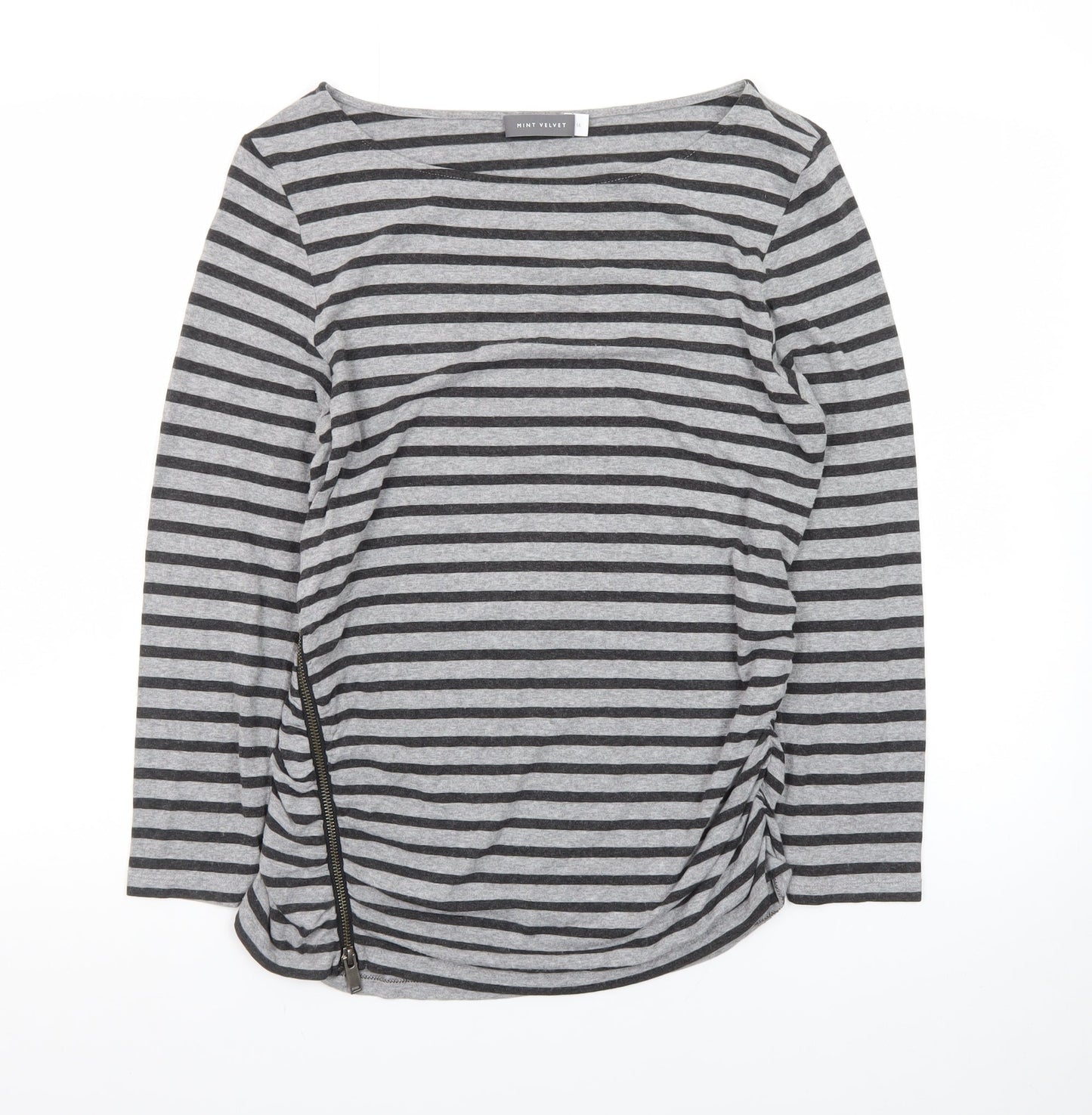 Mint Velvet Women Grey Striped Boat Neck Long Sleeve T-Shirt Size 16
