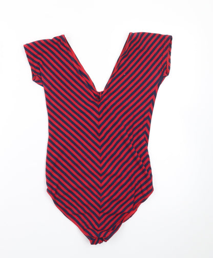 Timestep Womens Red Navy Striped V-Neck Bodysuit Top Size 4