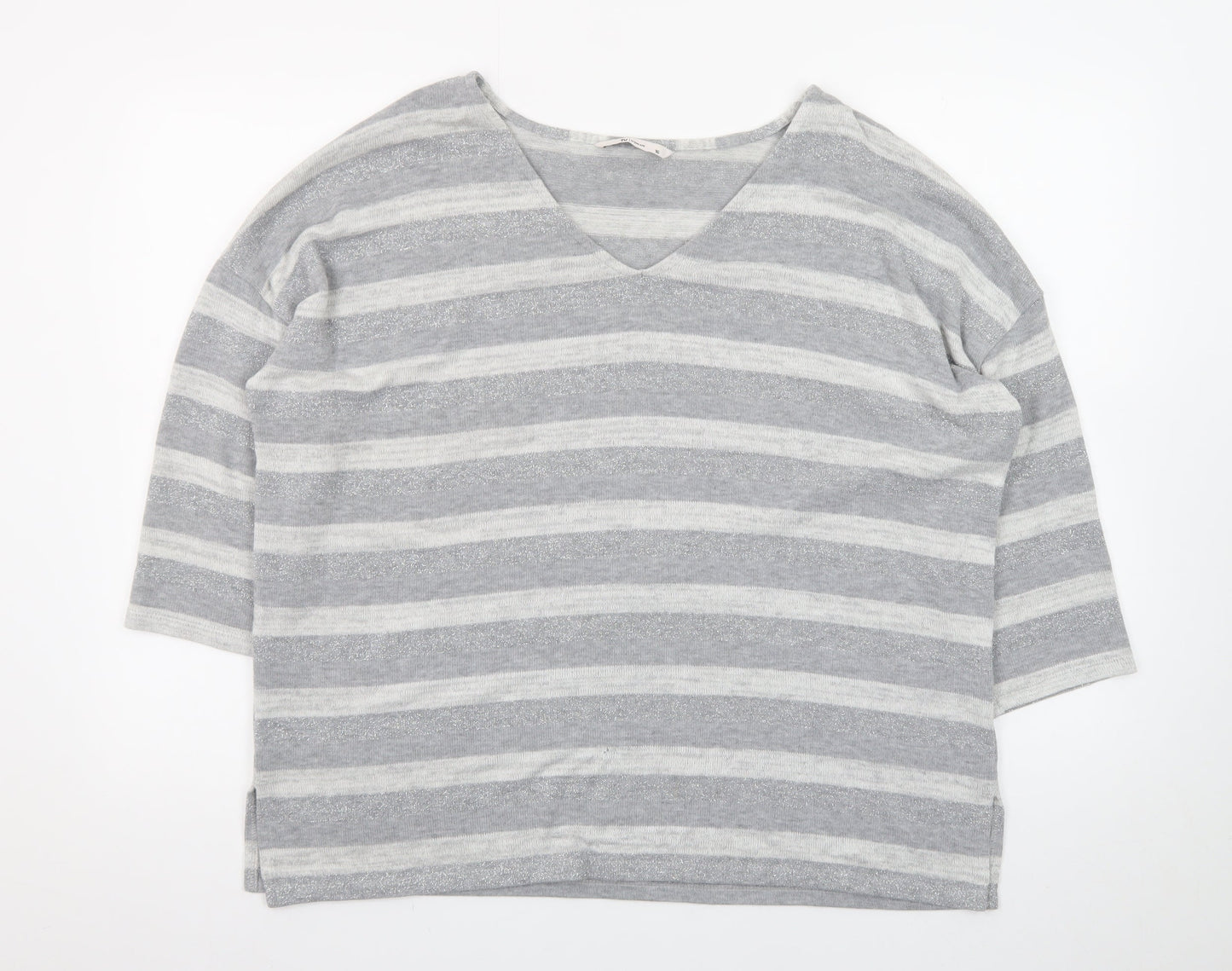 Tu Women’s Grey Striped V-Neck 3/4 Sleeve Pullover Jumper Size 16
