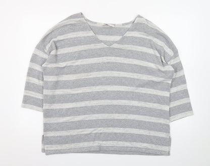Tu Women’s Grey Striped V-Neck 3/4 Sleeve Pullover Jumper Size 16