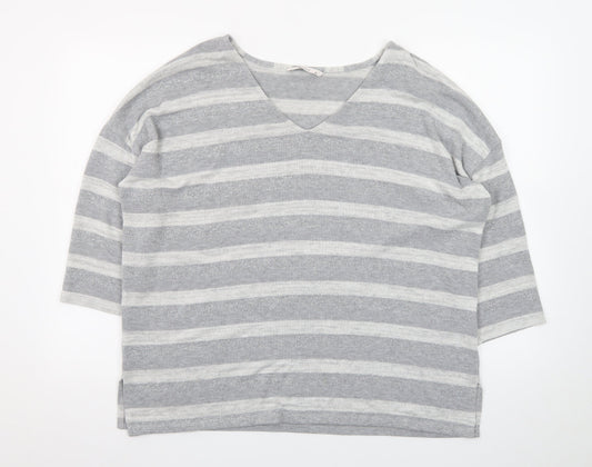 Tu Women’s Grey Striped V-Neck 3/4 Sleeve Pullover Jumper Size 16