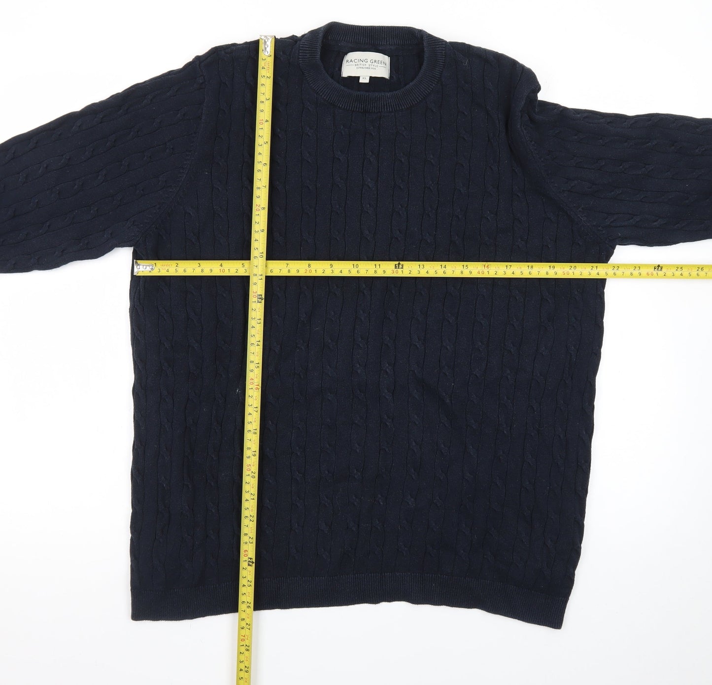 Racing Green Men's Blue Cable-Knit Cotton Jumper XL